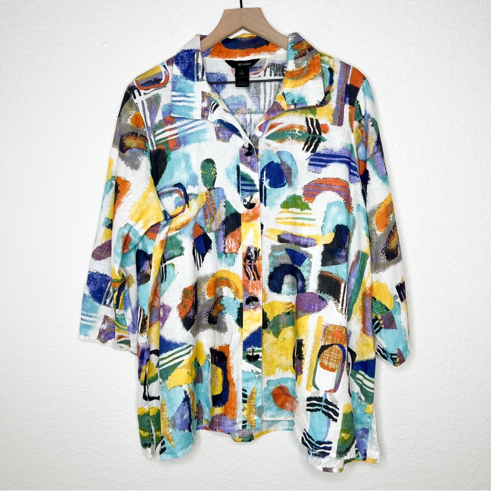 Ali Miles Colorful Geometric Button Front Tunic 3/4 Sleeves Linen Blend size 1X
